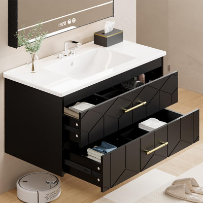 Modern 30" Floating Bathroom Vanity in Humidity-Resistant Design with Sink, Drawers and Gold Handles, Black