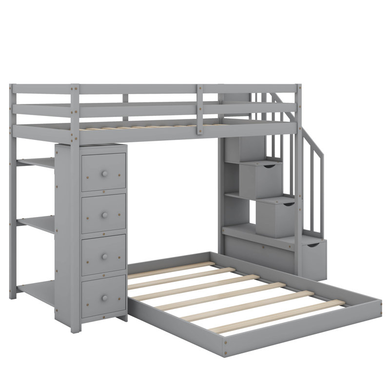 Lit simple superposé au dessus d'un lit double avec tablettes, tiroirs, Gris