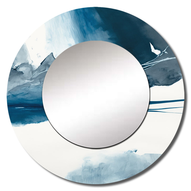Imperial Blue Solitude I - miroir unique à encre liquide, grand miroir mural rond moderne, impression d'art en métal