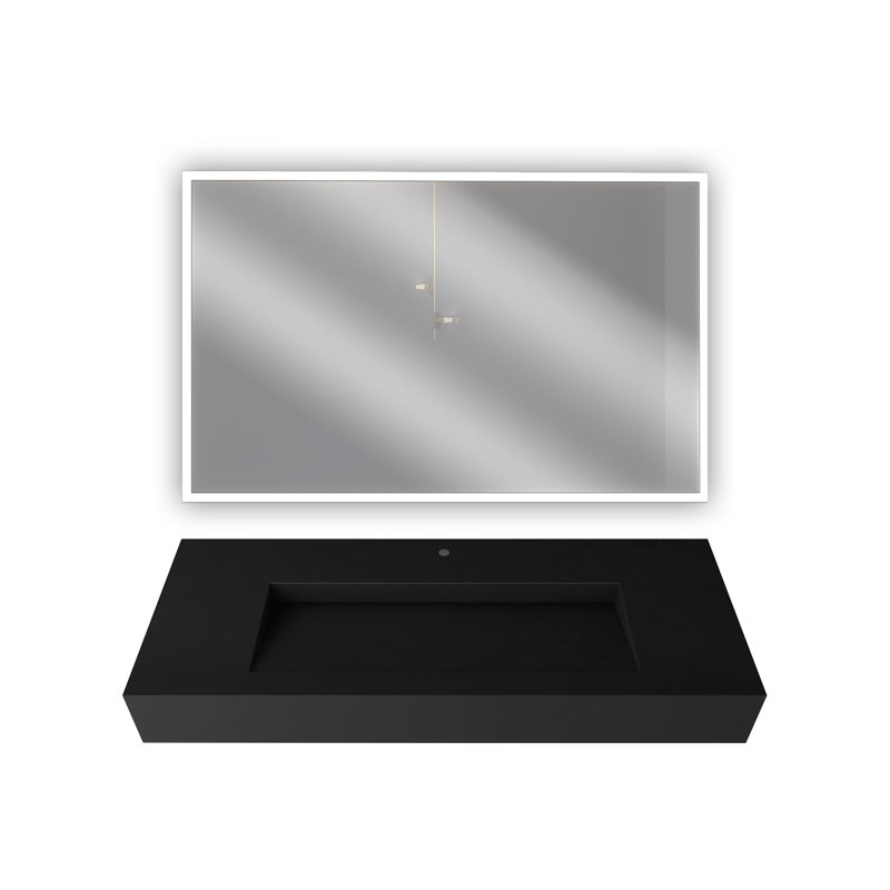 Pyramid 48" Rectangular Solid Surface Wall Mount Bathroom Sink and LED Mirror Combo, Black