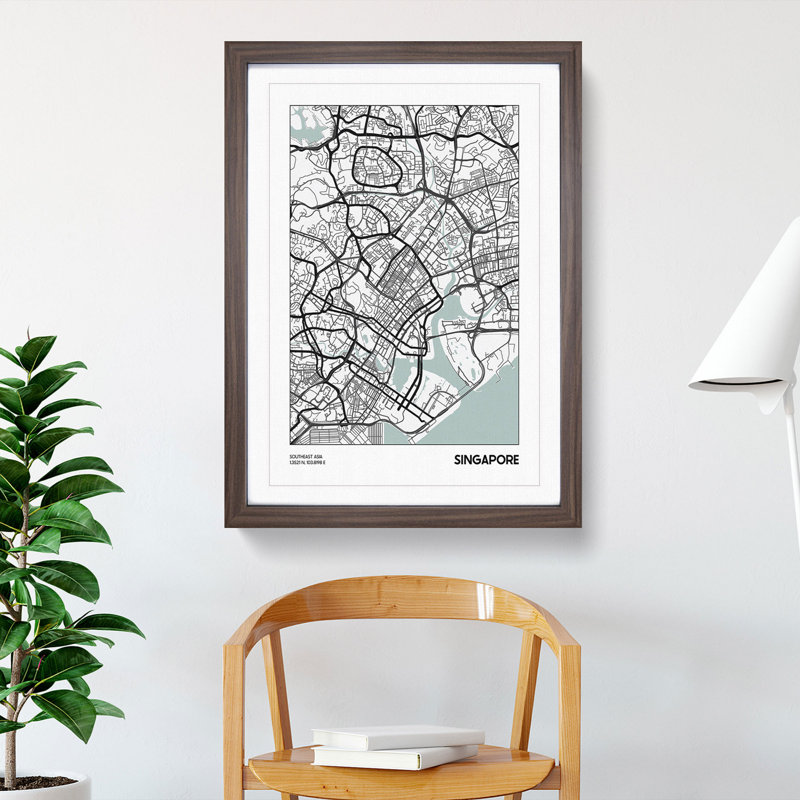 Map Singapore Asia - Picture Frame Graphic Art, Walnut, 65cm H x 48cm W x 2cm D