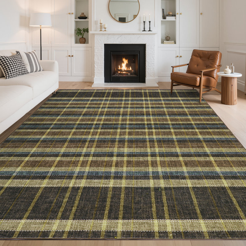 Plaid Machine Washable Rug for Living Room, Non-Slip Geometric Floor Mats, Stain-Resistant Soft Faux Wool Indoor Carpet for Bedroom