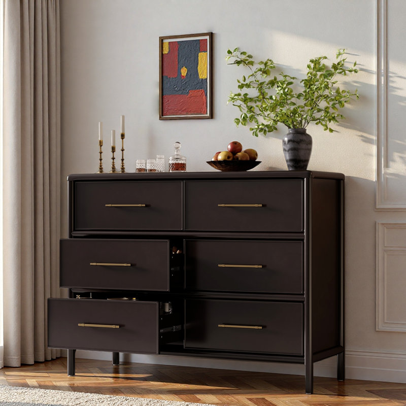 Commode avec 6 tiroirs et poignées dorées, Marron foncé