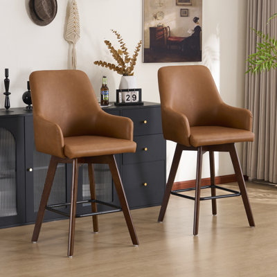 Swivel Bar Stool with Back and Wood Legs, Upholstered Faux Leather Counter Stool for Kitchen Island, Dining & Home Bar, Comfortable Modern Stool