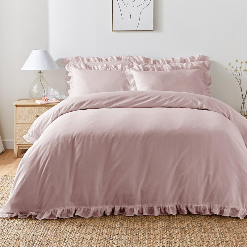 Cassia Frill Cotton No Pattern Duvet Cover Set with Pillowcases, Single Duvet Cover Set + 1 Pillowcase