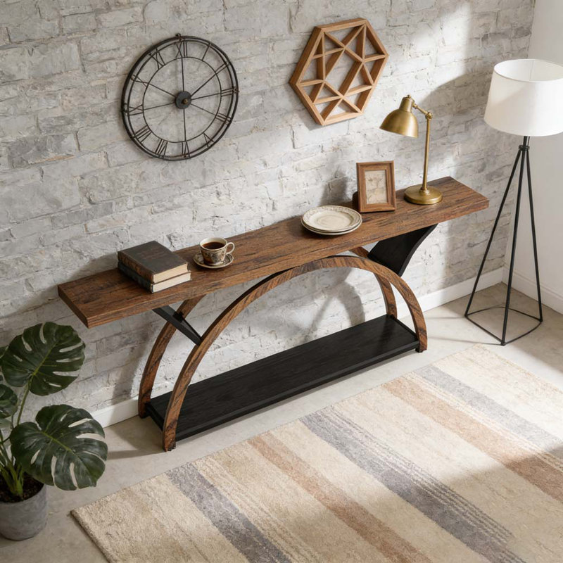 2-Tier Console Table Entryway Table with Half Moon Frame, Rustic Brown & Black