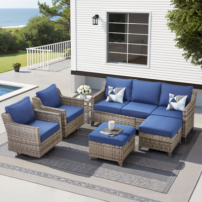 6 Pieces Outdoor Wicker Patio Conversation Furniture Set, 5-Person Seating Group With Side Table & Ottomans, All-Weather PE Rattan Outdoor Sofa Set For Poolside, Garden, Deck, Blue, Beige
