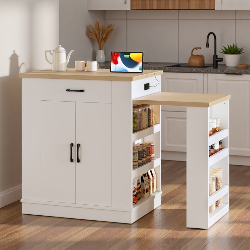 Extendable Island Console With Drawers, Double-Door Cabinet, And Open Shelving. Serves As Dining Table, Temporary Breakfast Bar, And Afternoon Tea Lounge