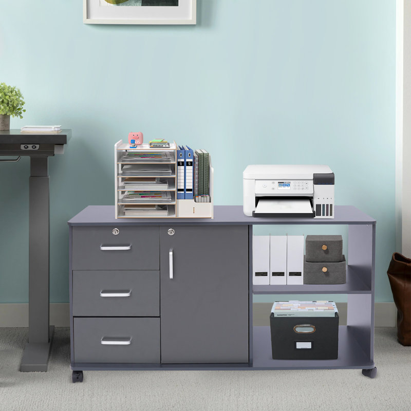 Mobile Freestanding File Cabinet For Home Office With Lock, Grey