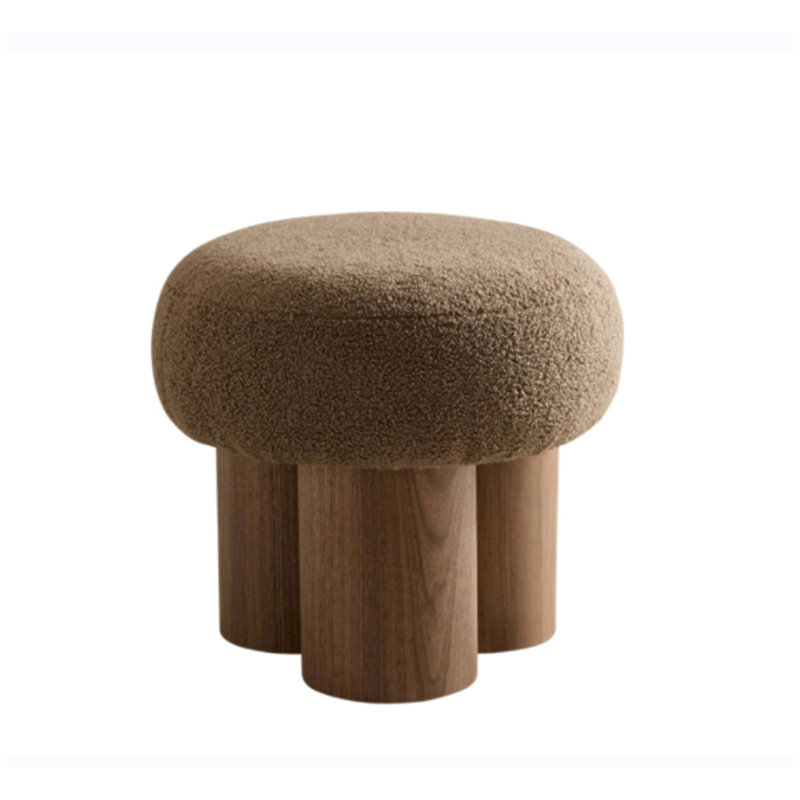 Mushroom Stool, Brown Lamb Wool Seat, Barrel PVC Pipe With Walnut Veneer, Brown, Brown