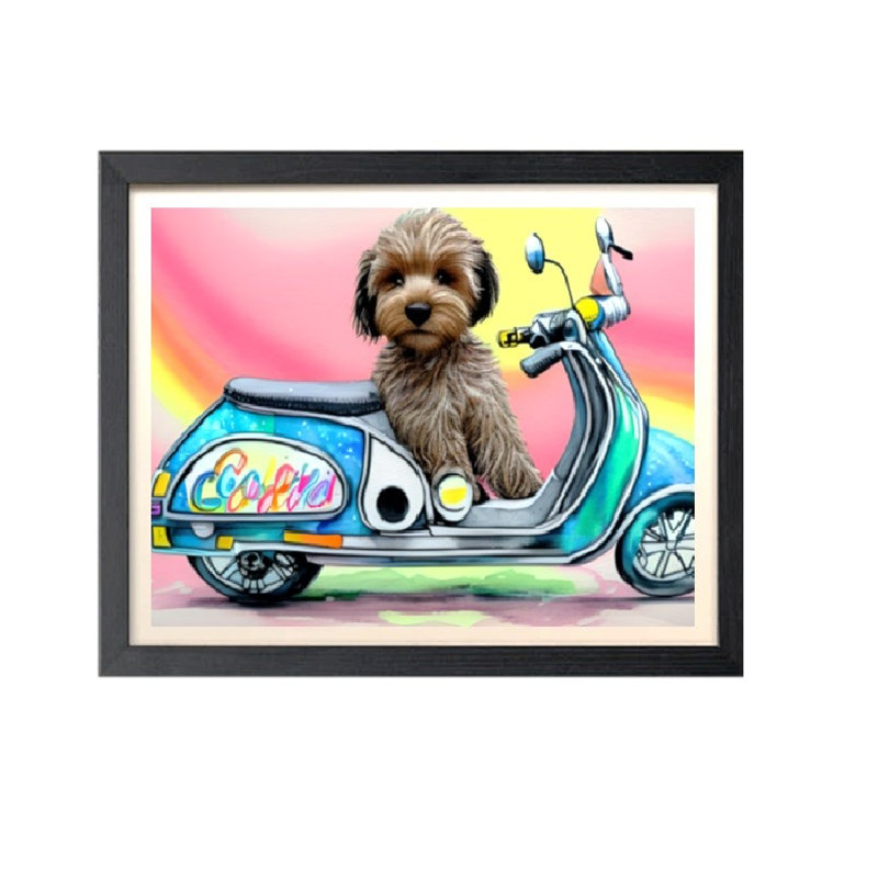 Cockapoo On Scooter Print - Cockerpoo Moped Picture - Dog on Motorbike Wall Art