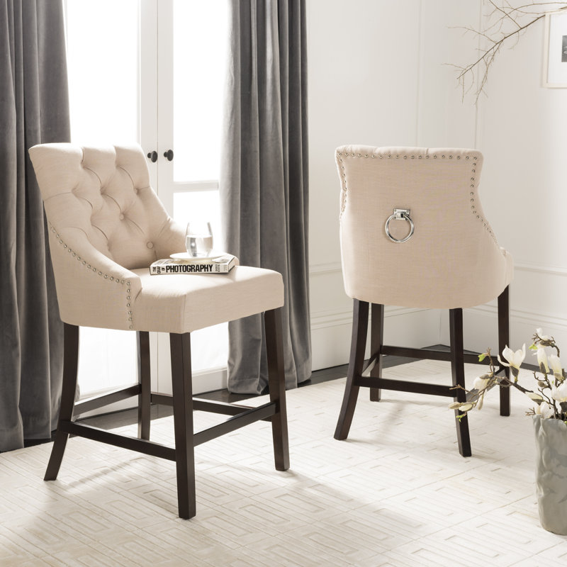 Balyon Upholstered Counter Stool, Linen-Beige, Counter Stool (26" Seat Height)