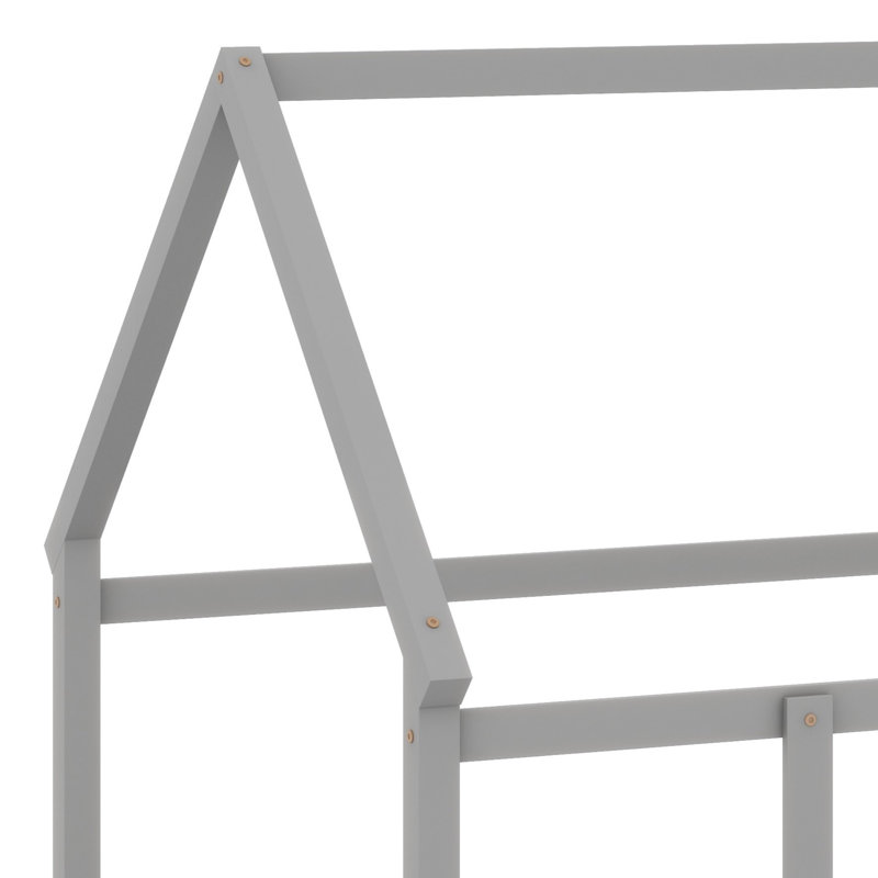 Lit de plancher en bois avec cadre de toit de maison, garde-corps de clôture, Gris