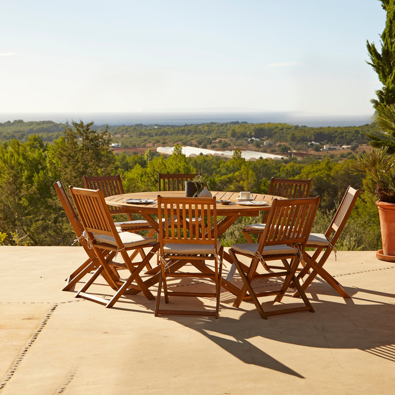 Nayoun 8 - Person Acacia Wood Patio Dining Set with Round Table, No Umbrella, Arm Chair