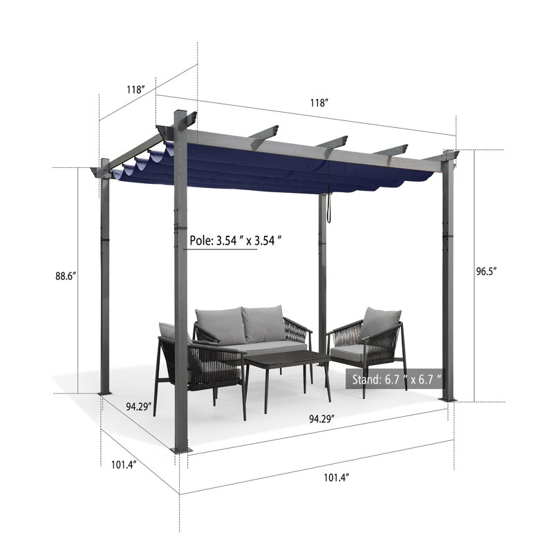 Pergola en aluminium mauve avec auvent, Marine, H 96,5 po x l 118 po x P 118 po