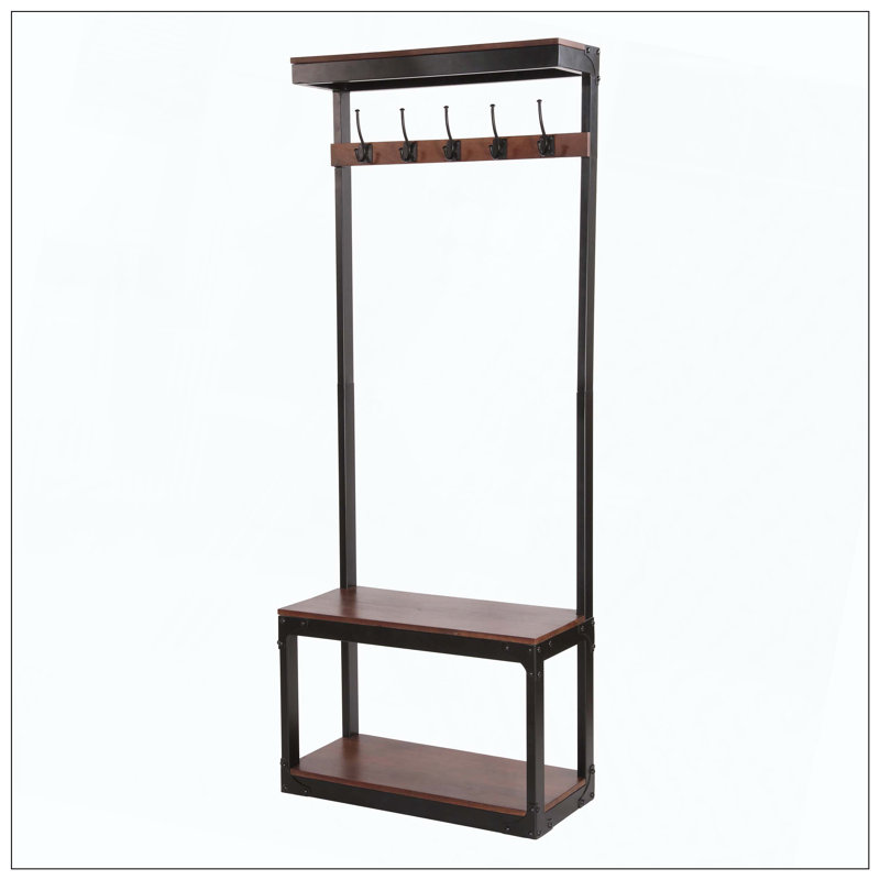 Coat Stand, Five Double Hooks, Coat Rack + Bench, Shoe/Bag Storage, Multi-Functional Organizer, Suitable For Foyer/Entryway