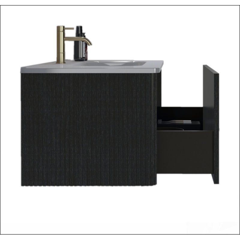 Meuble-lavabo flottant rayé en chêne noir brossé 36 po avec lavabo en céramique blanche 36 po, pré-assemblé, 36"