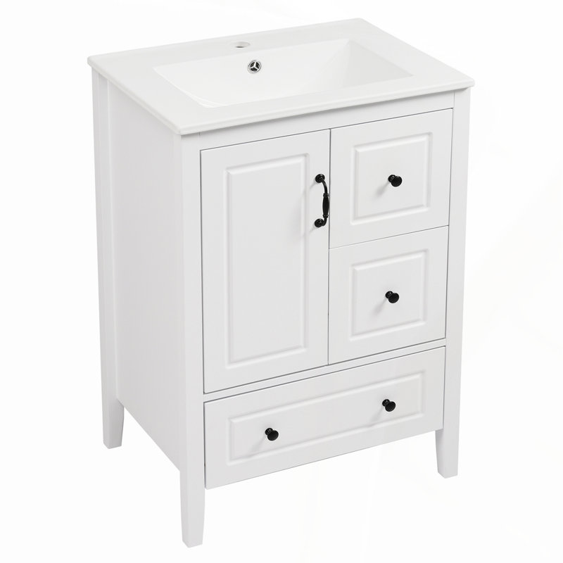 Meuble-lavabo de 24 po avec lavabo, tiroirs à fermeture en douceur et poignées en métal rétro pour une élégance intemporelle