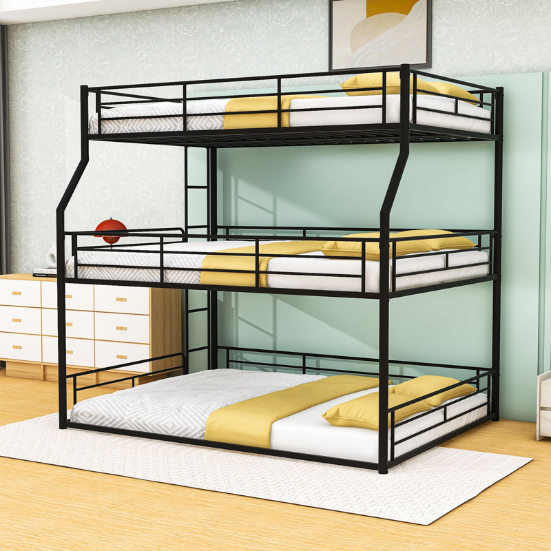 Triple Metal Bunk Bed with Safety Guardrails, Noise-Minimized Structure, Full XL Over Queen Over Queen, Black