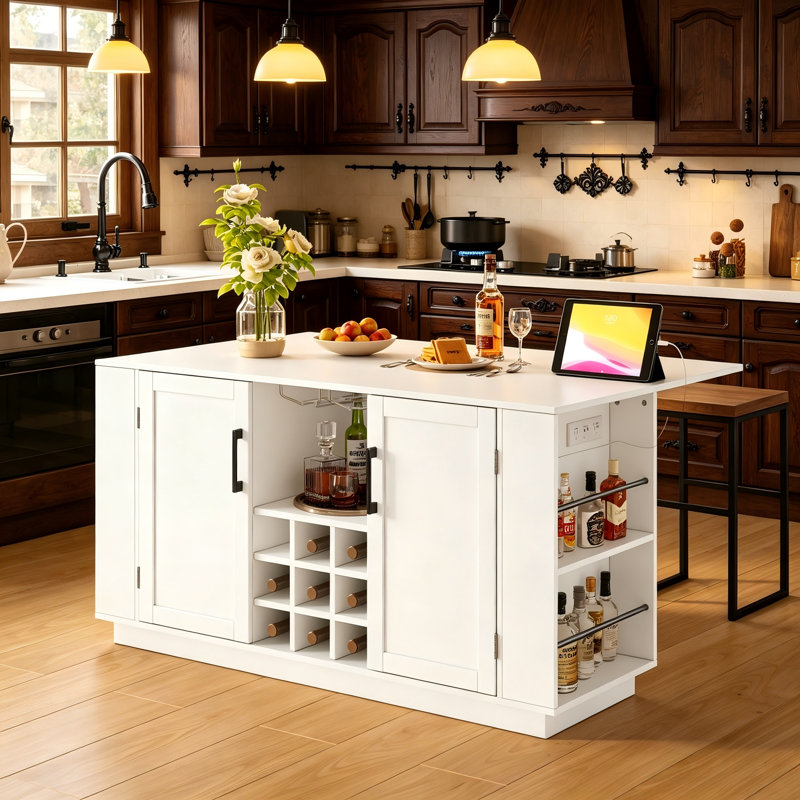 U-Shaped Multi-Functional Sideboard Storage Cabinet, With Built-In Power Outlet And Wine Rack/Glass Holder, But No Chair.