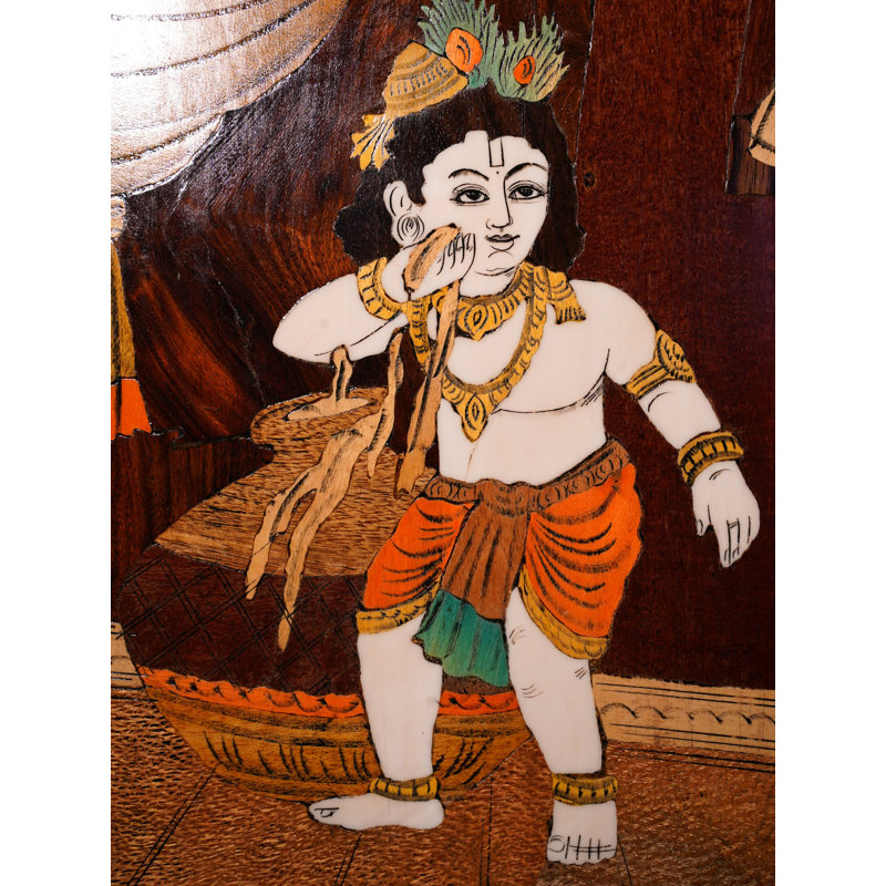 Panneau de bois 21 "Bal Krishna mangeant du beurre - peinture de couleur naturelle fabriquée à la main avec incrustation sur bois de rose de Myzore, décoration spirituelle et art du temple