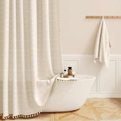 Long Boho Farmhouse Linen Cloth Shower Curtain Set, 72x84, Cream