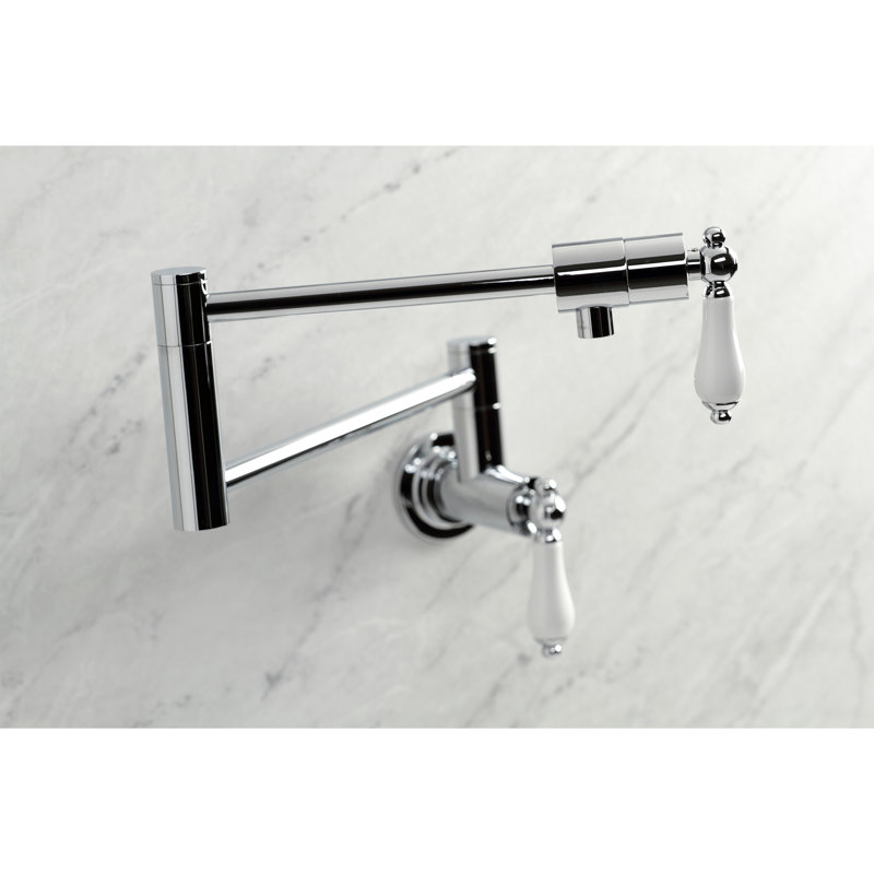 Kingston Brass Duchess Two-Handle 1-Hole Wall Mount Pot Filler Faucet, Polished Chrome/White