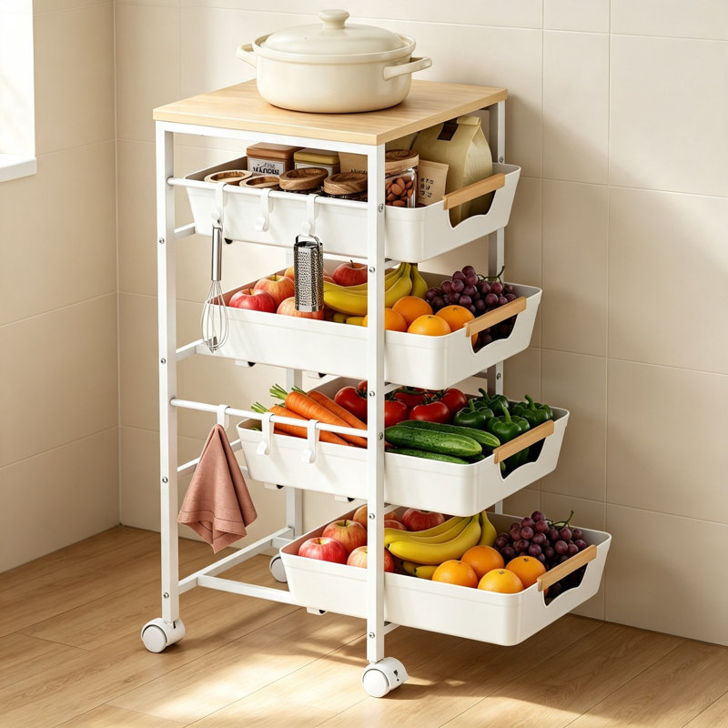 White 5-Tier Slimline Wheeled Storage Trolley, Metal Rolling Cart with Pull-out Baskets & Wooden Top, Narrow Slide-out Utility Organiser for Kitchen, Bathroom and Laundry Room