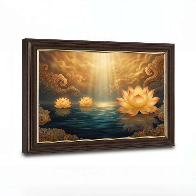«Three Glowing Golden Lotus Flowers on Deep Blue Water», art mural sur toile, 12"H x 18"W