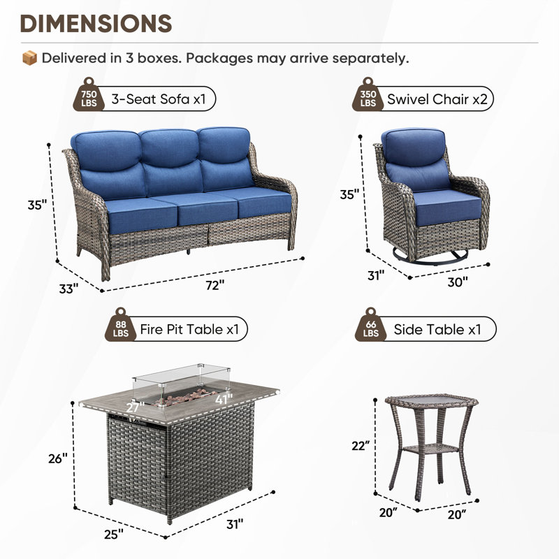 Polygala 5-Piece Outdoor Wicker Patio Conversation Set With Rectangle Fire Pit, Swivel Gliders And 3-Seat Sofa With 6" Thick Cushions