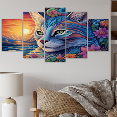 «Magical Cat Grace I», art mural sur toile, 5 panneaux