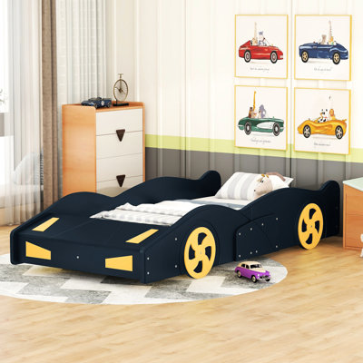 Dark Blue + Yellow Twin Size Platform Bed With Race Car Theme And Storage Option, Robust Wood Build For Bedroom Comfort Feature, Strong Construction, Comfortable Practical