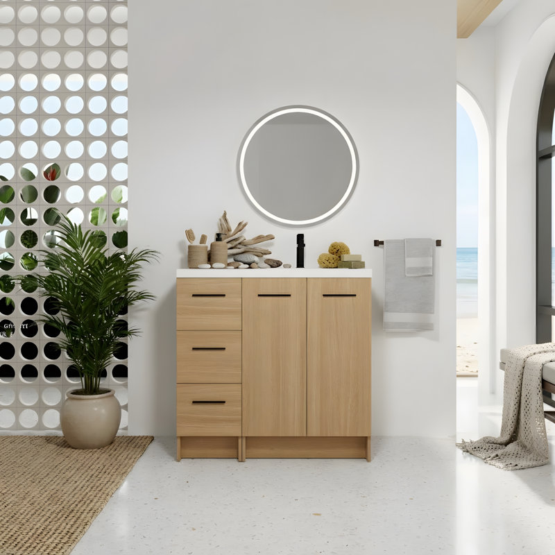 Meuble-lavabo sur pied 36 po avec lavabo en résine et armoire de rangement multifonctionnelle