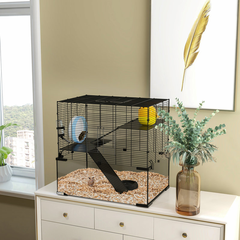 Cage à gerbille 23,5 po, acier noir, avec environnement pour animaux de compagnie, bassin en verre, rampes, plateformes, cabane, roue d'exercice, noir, rampes pour tous les petits animaux de compagnie