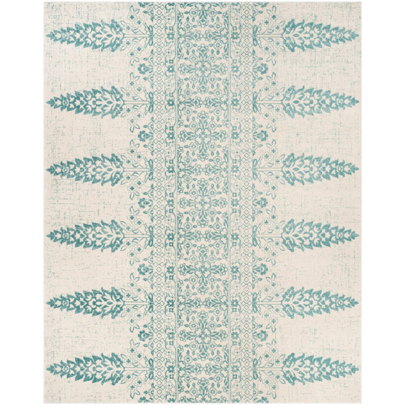 Annette Damask Ivory/Teal Area Rug, Rectangle 8' x 10'