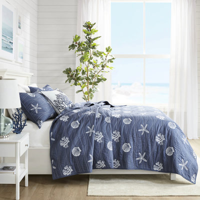 Literie 4 pièces brodée bleu marine - Tissu en coton, motifs côtiers, oreiller inclus