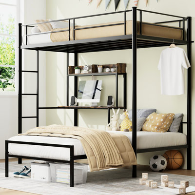 Lit superposé simple en forme de L noir avec bureau, station de charge et bibliothèque, garde-corps, pour adolescent, peu encombrant, rangement à structure solide, adolescents en métal, noir, configuration pour dormir tranquille