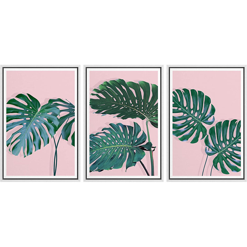 "Minimal Botanical Rose Green Tropical Monstera Leaf", photographie sur toile moderne, 3 pièces, H 24 po x l 48 po x P 1,5 po