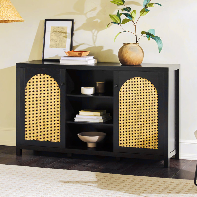 58" 2-Door Sideboard with Arched Rattan Panels, Black