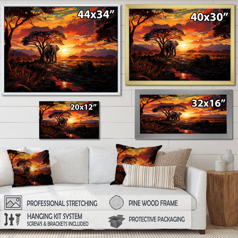 Coucher de soleil africain sur la jungle avec éléphant - paysages abstraits, art mural, Toile tendue
