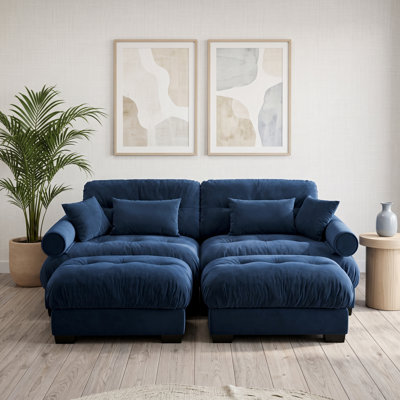 Canapé modulable 2 places en velours avec assise profonde, 2 poufs amovibles, coussins de dossier et traversins, bleu