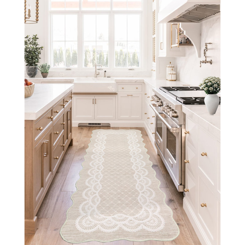Machine Washable Scalloped Area Rugs Modern Bordered Floor Mats, Non-Slip Contemporary Accent Rug, Non Shedding Soft Low Pile Indoor Carpet for Living Room, Bedroom, Kitchen