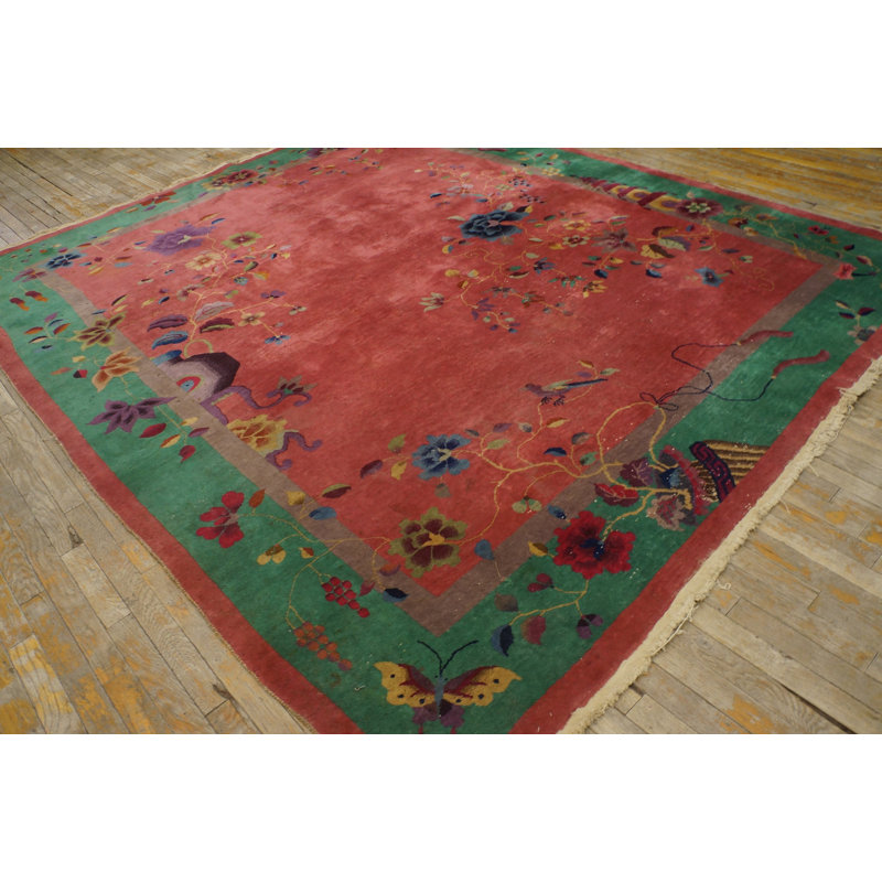 Coral / Salmon Pink Rectangle Hand Knotted Pile 1920s Wool Antique Rug