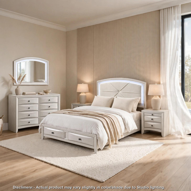 Ensemble de chambre à coucher Queen, zinc blanc antique, 5 pièces avec 2 tables de chevet et une commode