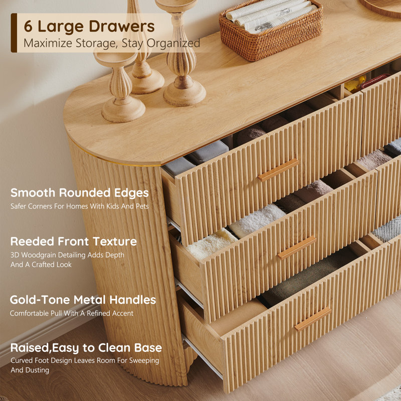 Commode moderne à 6 tiroirs pour chambre à coucher, commodes de 54 po de largeur avec commode à profil incurvé, chêne naturel