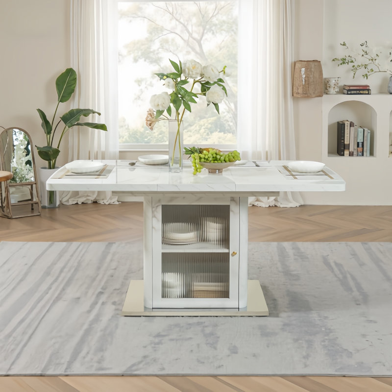 Table de salle à manger extensible 47,24 "à 63" moderne avec plateau en marbre, base d'armoire de rangement avec pieds en métal