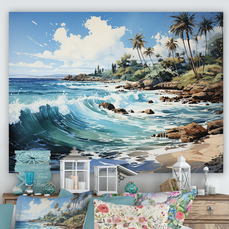 Palmier turquoise sur fond tropical, H 24 po x l 32 po x P 1 po, Toile tendue