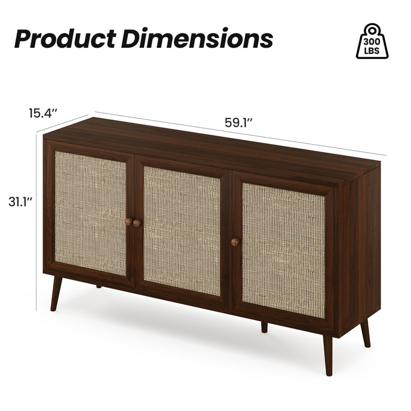 Farini Sideboard Buffet Cabinet With 3 Rattan Doors, Walnut