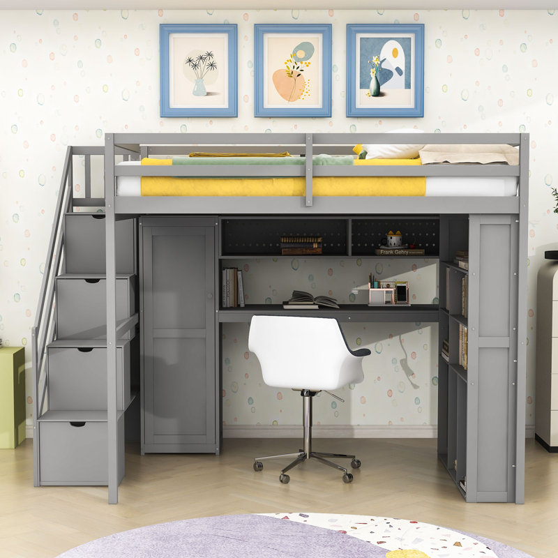 Full Wood Loft Bed with Built-In Wardrobe, Desk, Shelves, Storage Stairs and LED Lighting, Gray