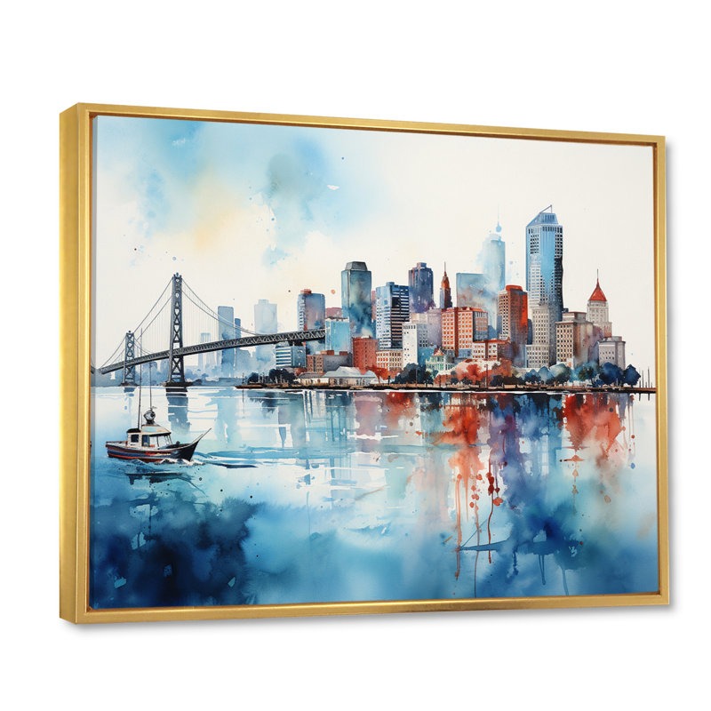 Golden Gate San Francisco Cityview, impression sur toile, H 30 po x l 40 po, Cadre flottant doré